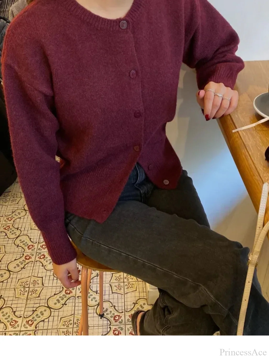 Wine Red Button Round Neck Cardigan