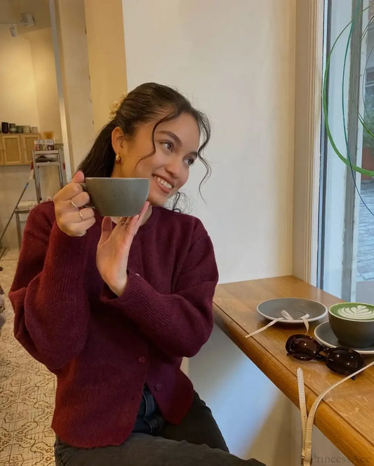 Wine Red Button Round Neck Cardigan Wine red / S