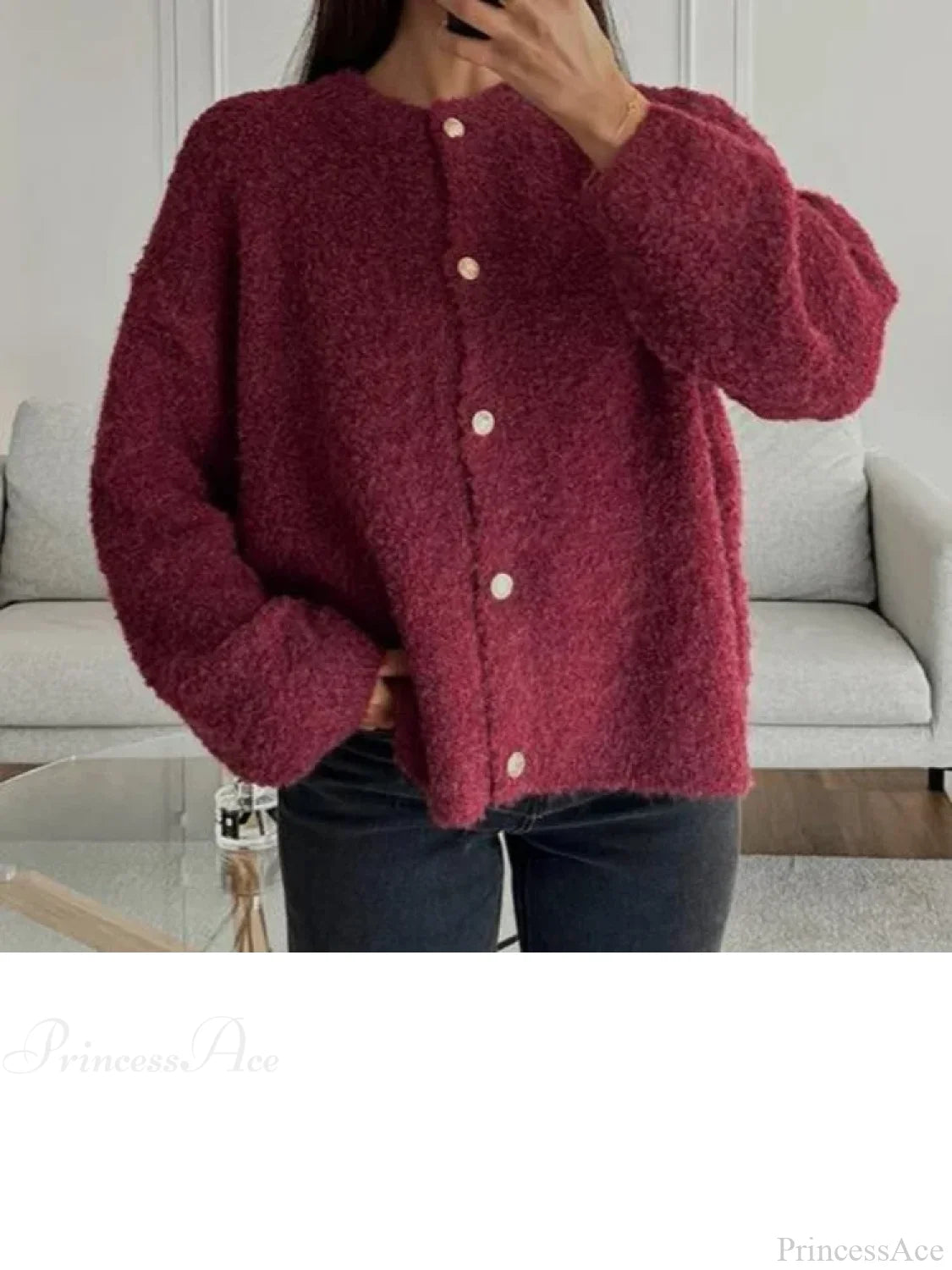 Wine Red Round Neck Button Cardigan