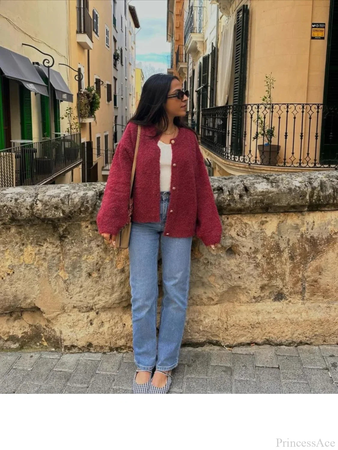 Wine Red Round Neck Button Cardigan