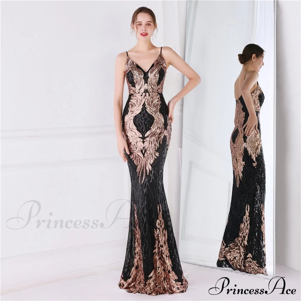 Wings Pattern Sequin Mesh Strappy Gown - Lady Occasions