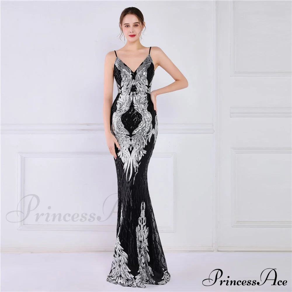 Wings Pattern Sequin Mesh Strappy Gown - Lady Occasions