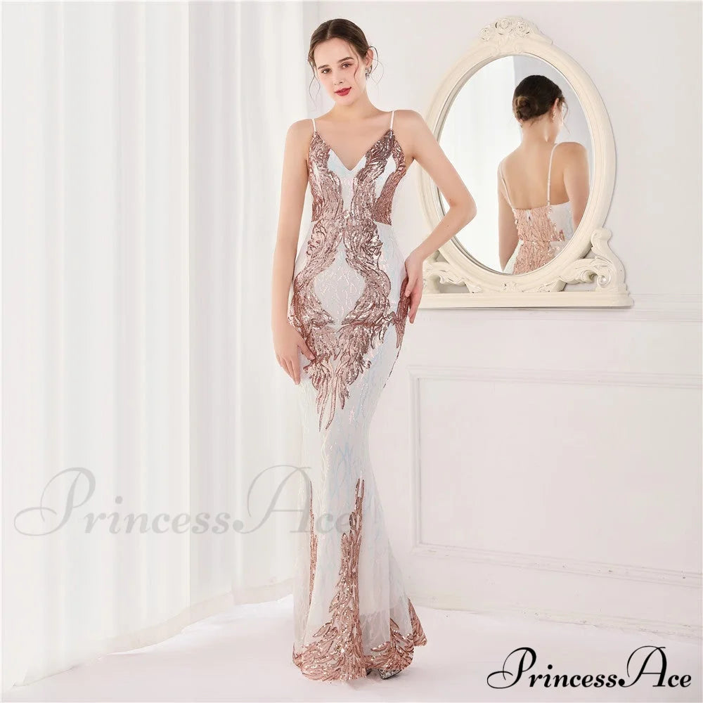 Wings Pattern Sequin Mesh Strappy Gown - Lady Occasions