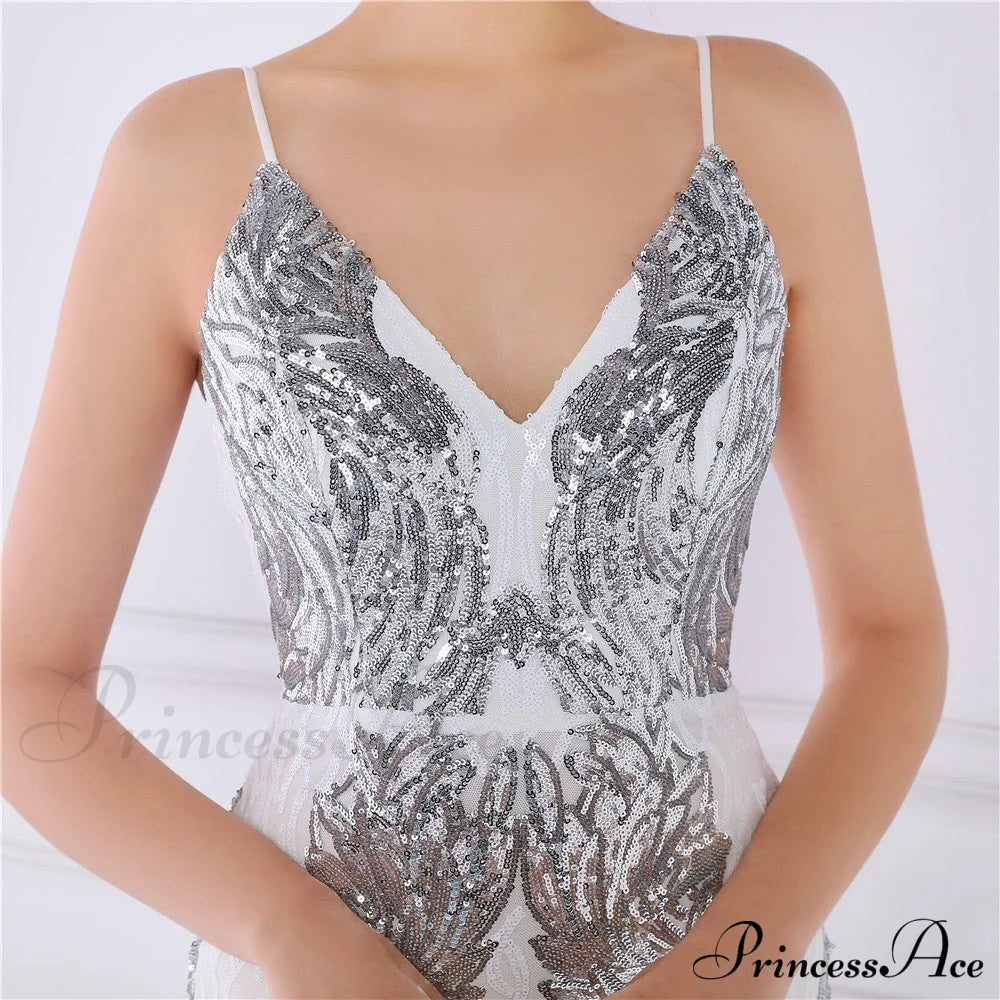 Wings Pattern Sequin Charming Mesh Strappy Gown S.o. Long Dresses