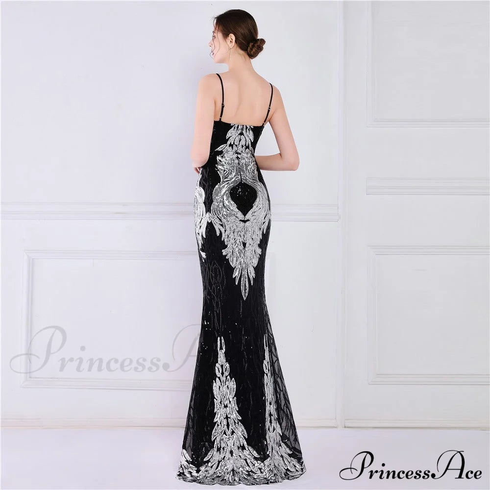 Wings Pattern Sequin Charming Mesh Strappy Gown S.o. Long Dresses