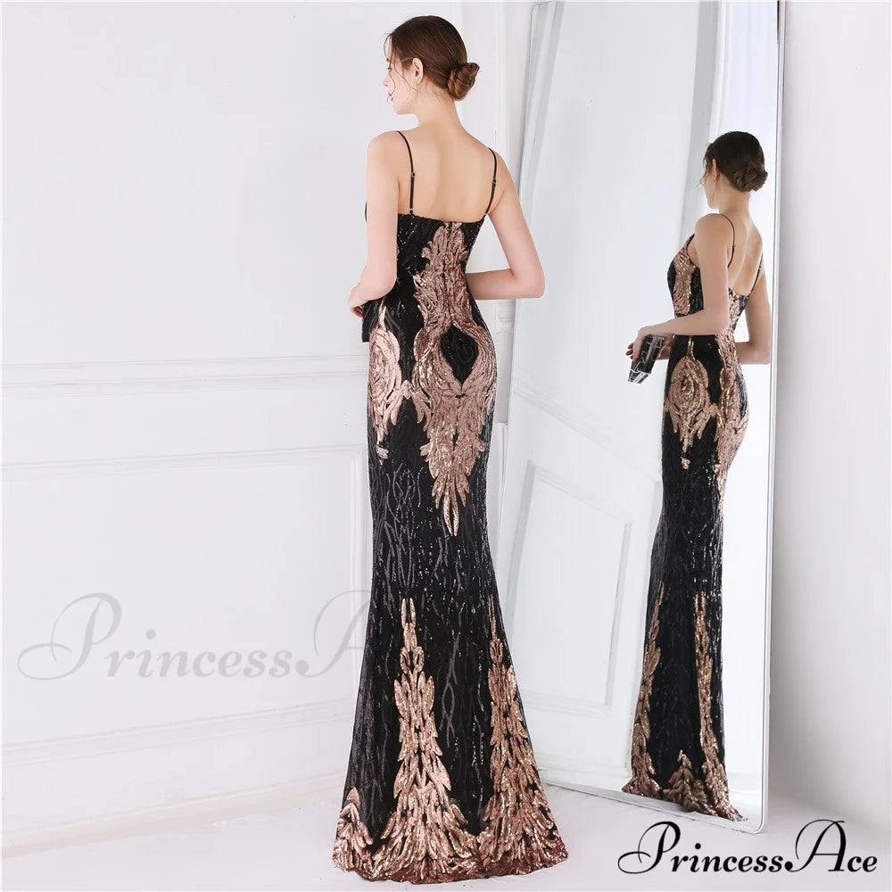 Wings Pattern Sequin Charming Mesh Strappy Gown S.o. Long Dresses