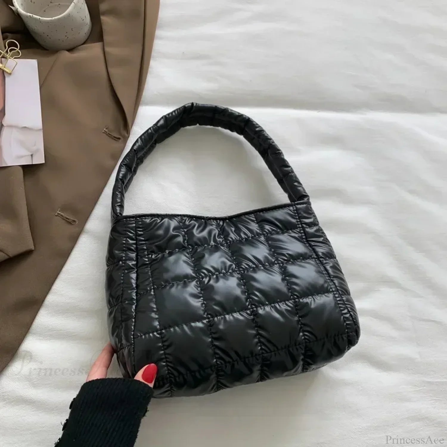 Winter Cotton Casual Tote Shoulder Handbag Black handbag-250126