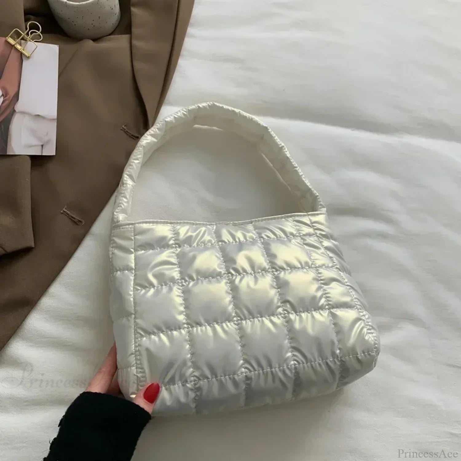 Winter Cotton Casual Tote Shoulder Handbag White handbag-250126