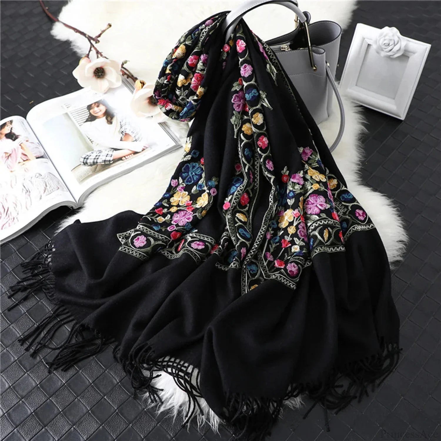 Winter Plaid Cashmere Poncho Tassel Scarf - Luxury Warm Thickened Unisex Black 1 Scarfs-L