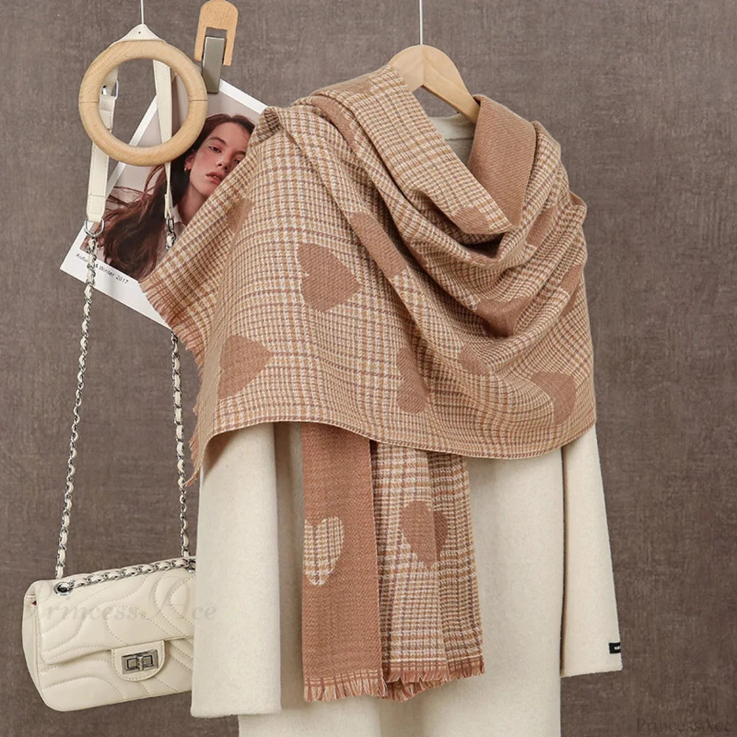 Winter Plaid Cashmere Poncho Tassel Scarf - Luxury Warm Thickened Unisex Grey Orange Heart Scarfs-L