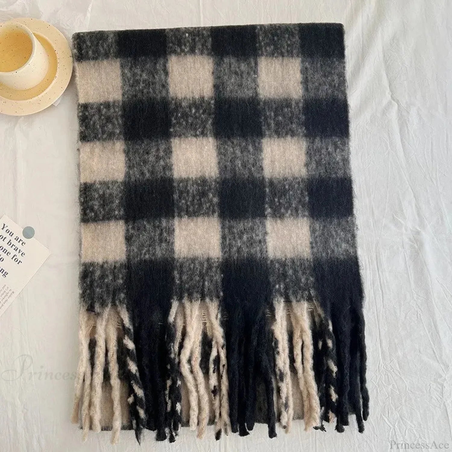 Winter Plaid Cashmere Poncho Tassel Scarf - Luxury Warm Thickened Unisex Grey Plaid Scarfs-L