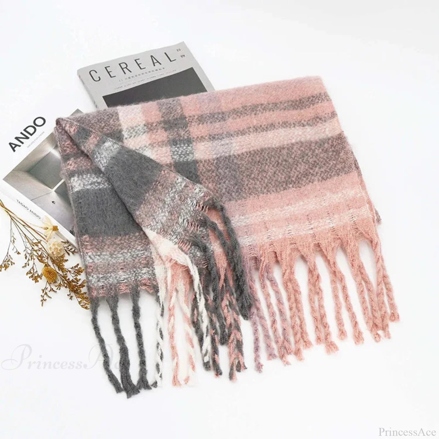 Winter Plaid Cashmere Poncho Tassel Scarf - Luxury Warm Thickened Unisex Pink Scarfs-L