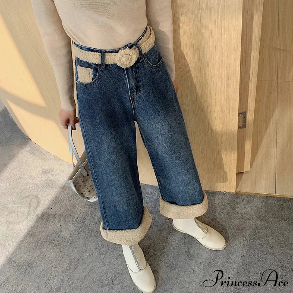 Winter Thick Velvet Fleece Faux Lambs Wool Stitching Fashion High Waist Casual Warm Wide Leg Denim