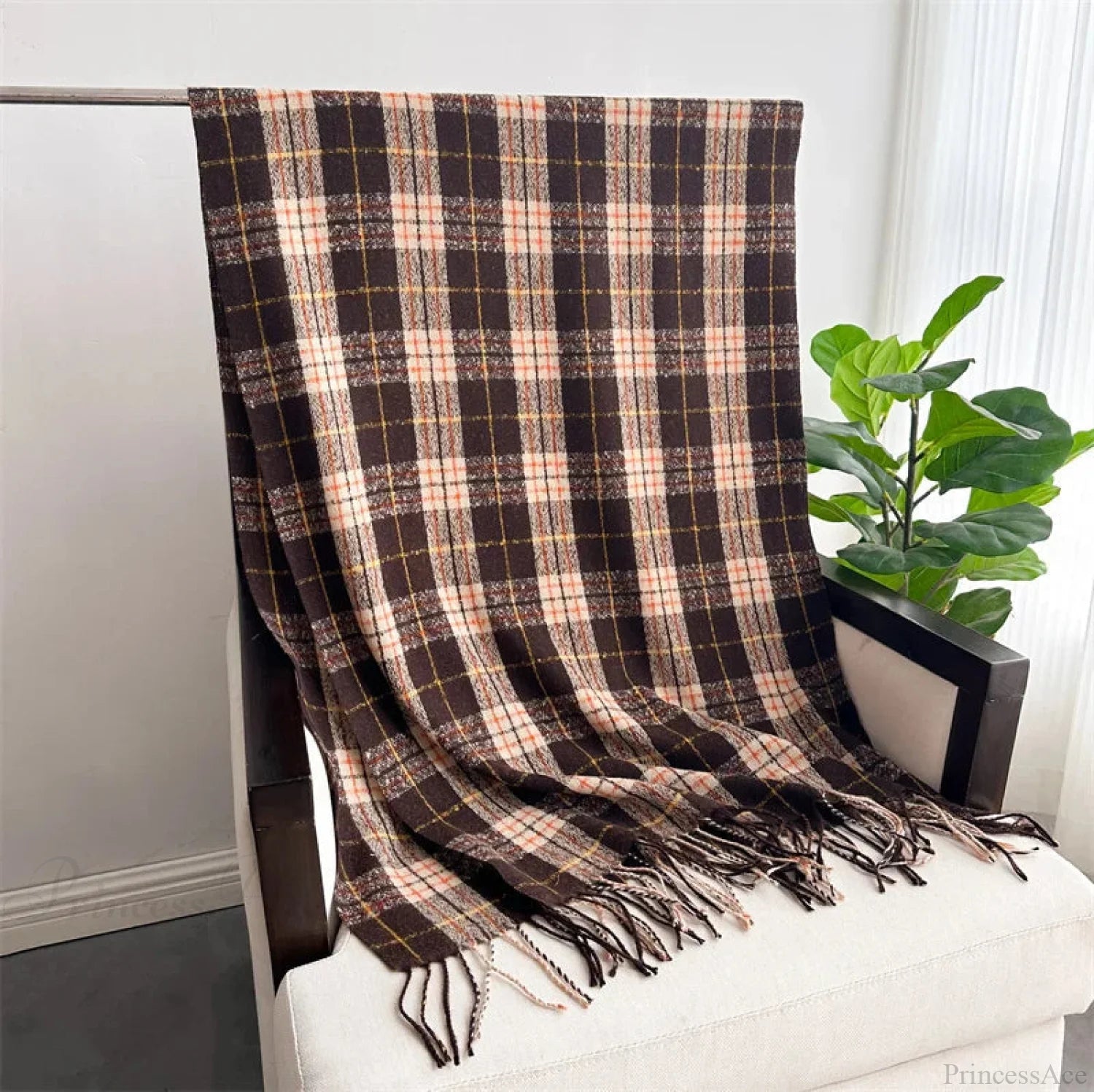 Winter Warm Cashmere-Like Plaid Blanket Wrap Scarf For Women Brown Scarfs-L