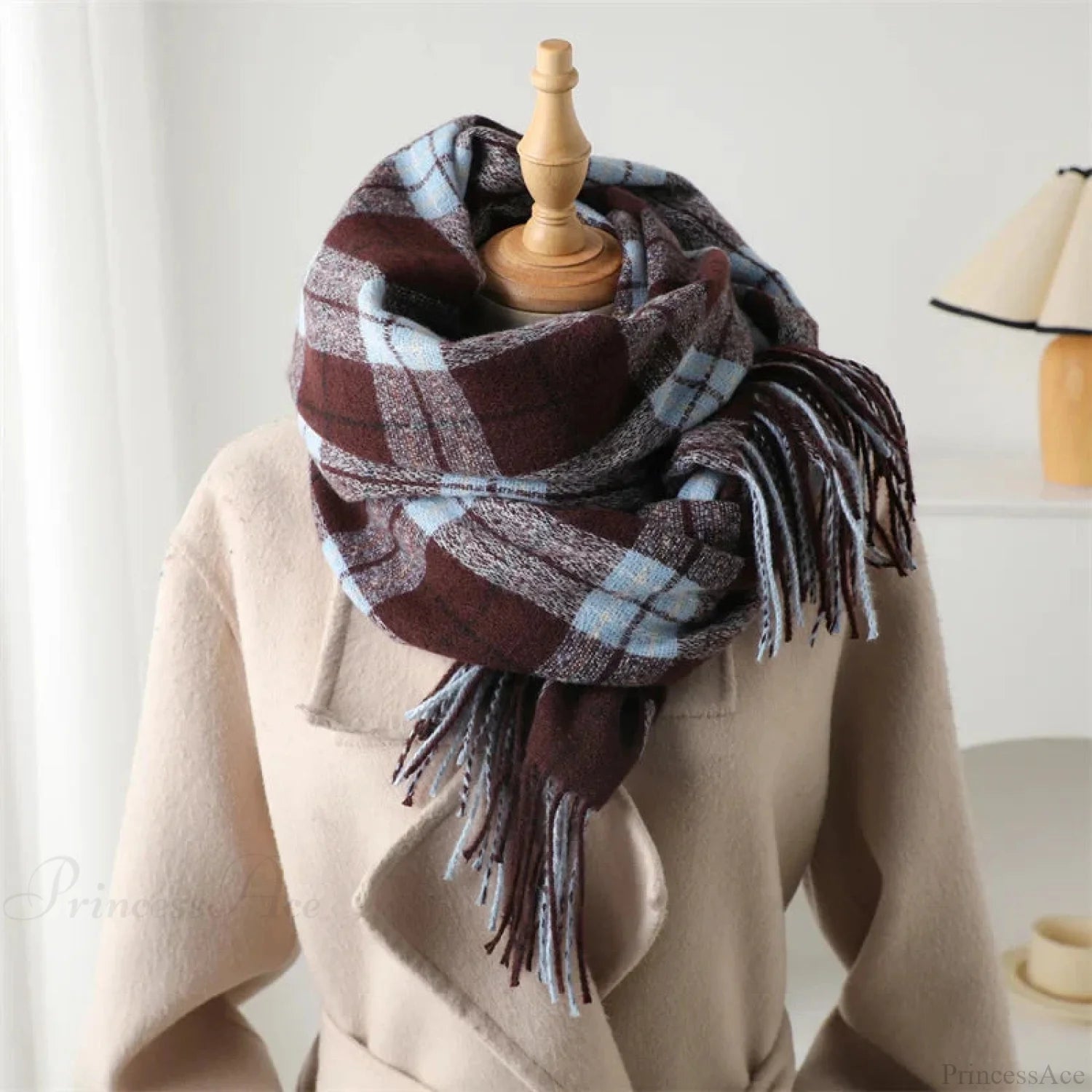 Winter Warm Cashmere-Like Plaid Blanket Wrap Scarf For Women Burgendy Scarfs-L