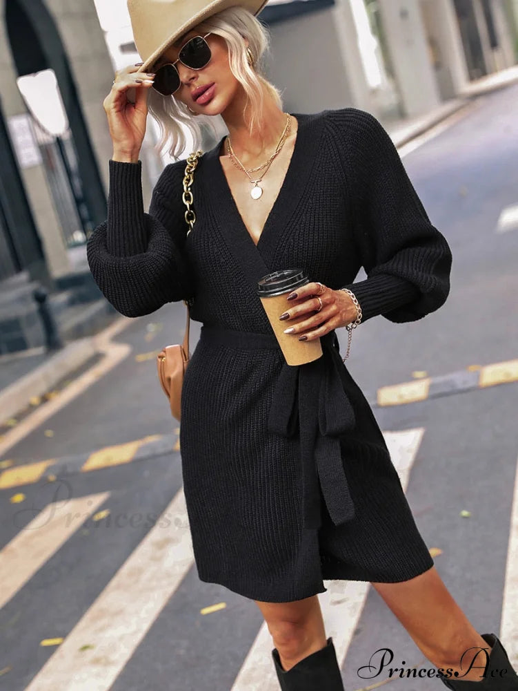 Winter Wrap Dress Women Long Sleeve Office Cardigan Tunic Solid Color Xl / Black Dresses
