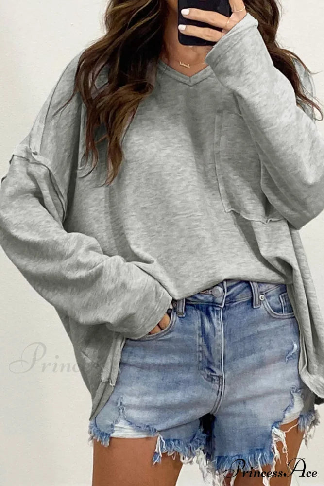Gray Pocketed Oversized Drop Sleeve Top Gray 60%Cotton+35%Polyester+5%Elastane All In Stock clothes Craft Patchwork DL Exclusive Hot picks long sleeve shirts long sleeve top Occasion Daily Season Fall & Autumn Style Casual tops
