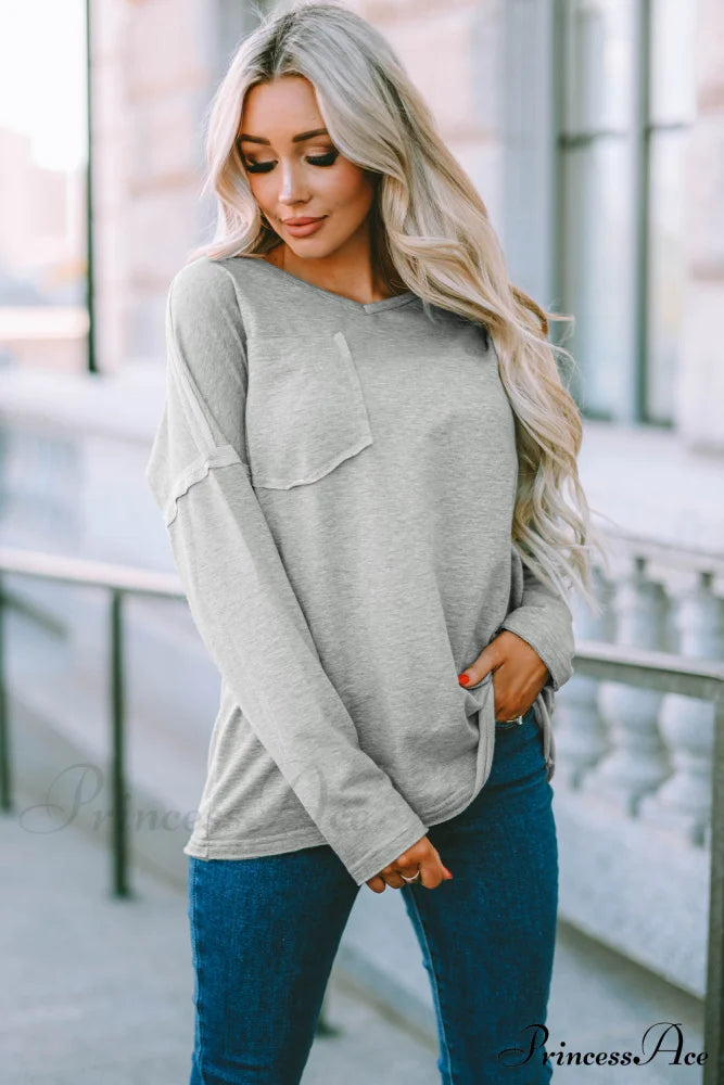 With - Arm Oversized Top Pockets Drop Gray Tops