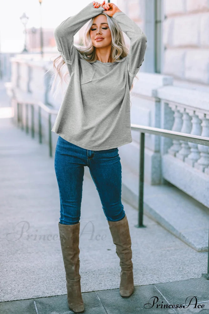 With - Arm Oversized Top Pockets Drop Gray Tops