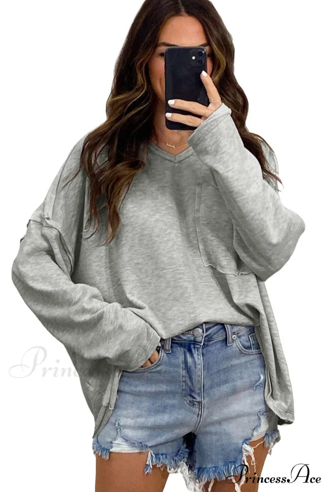 With - Arm Oversized Top Pockets Drop Gray Tops