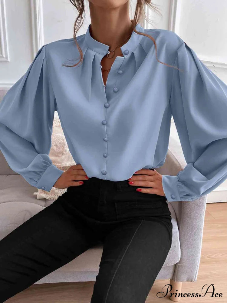 With Blouse Long Front Arm Button Mock Neck