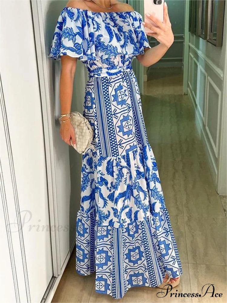 With Design Shoulder Full-Length Gown Geometric Off Ruffle M / Blue Red Off The Shoulder Maxi Dress