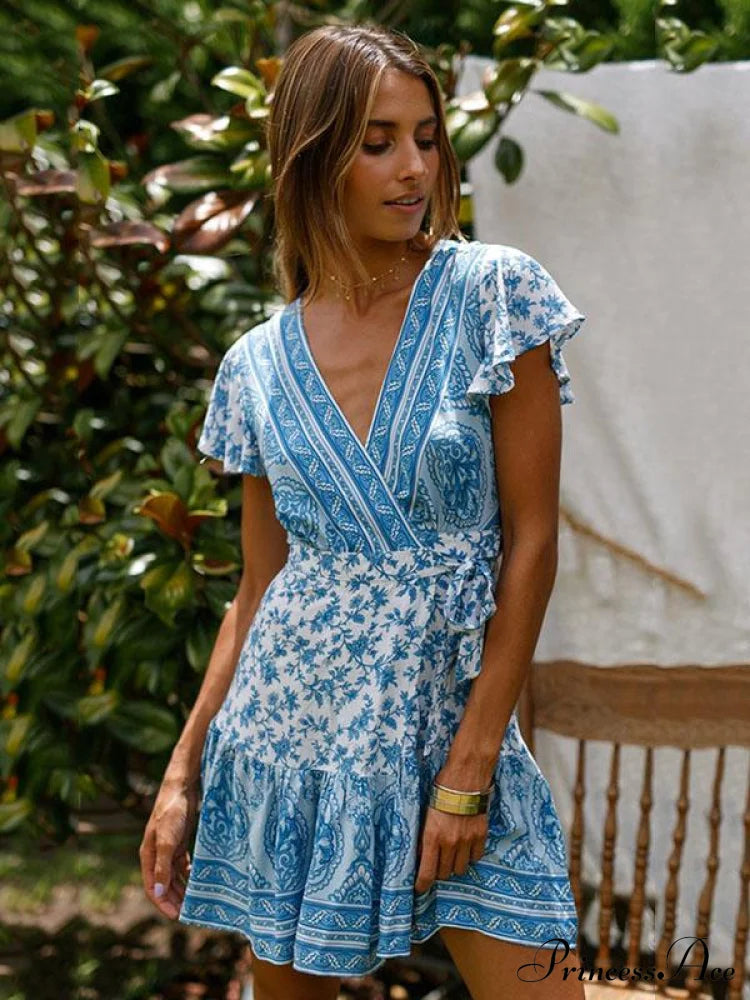 With Mini Gown V-Neck Patterned Bandage L / Pink Dresses