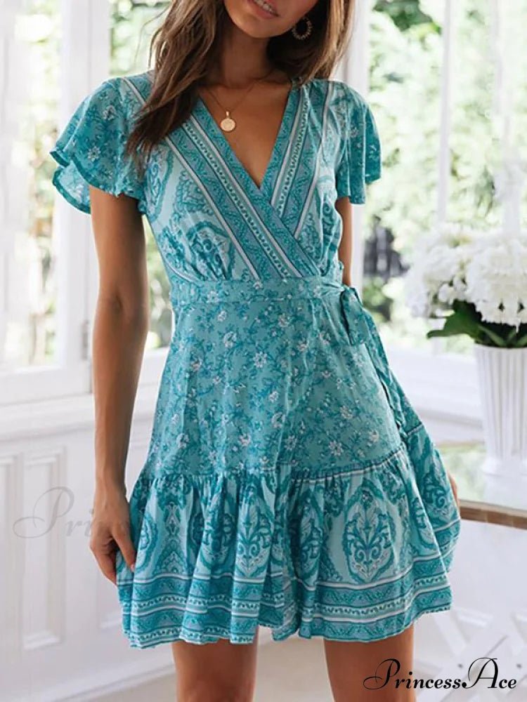 With Mini Gown V-Neck Patterned Bandage M / Lake Blue Dresses