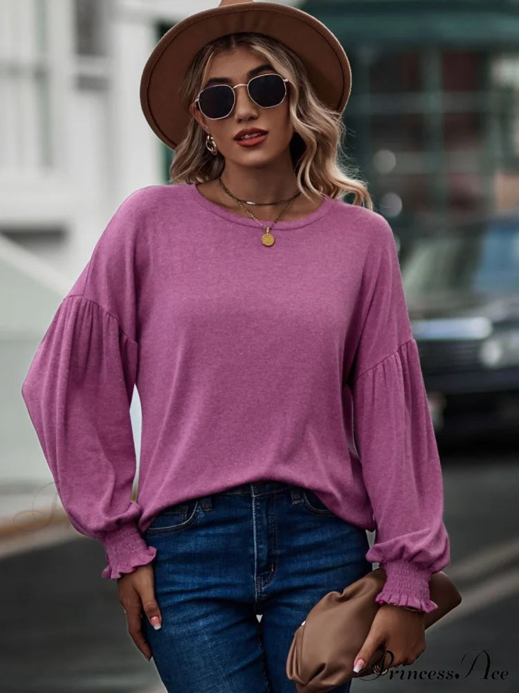 Round Neck Dropped Shoulder Flounce Sleeve T-Shirt Moonlit Mauve clothes D&Yi long sleeve shirts long sleeve top Ship From Overseas Shipping Delay 09/29/2023 - 10/04/2023 top tops trend