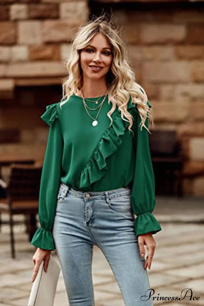 Ruffled Round Neck Long Sleeve Top Black Forest A@X@E blouses clothes long sleeve shirt Ship From Overseas Shipping Delay 09/29/2023 - 10/04/2023 shirts tops