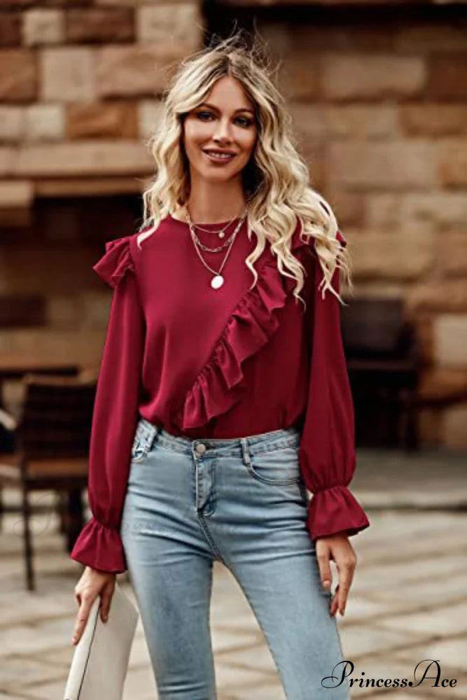 Ruffled Round Neck Long Sleeve Top Deep Red A@X@E blouses clothes long sleeve shirt Ship From Overseas Shipping Delay 09/29/2023 - 10/04/2023 shirts tops
