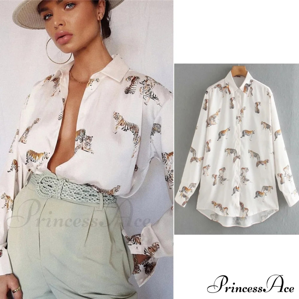 With Satin Blouse Design Arm - Long Women’s Zebra Top Beige / Xs