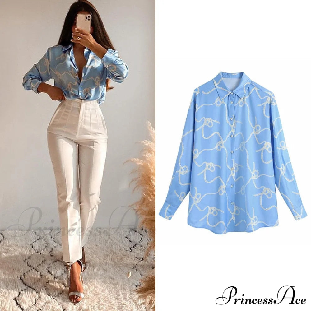 With Satin Blouse Design Arm - Long Women’s Zebra Top Blue-02 / Xs