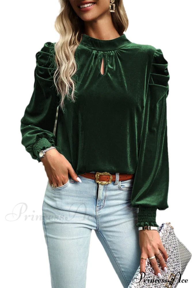 With Sleeves Velvet Puff And Neck Blackish In Mock Blouse Green Tops