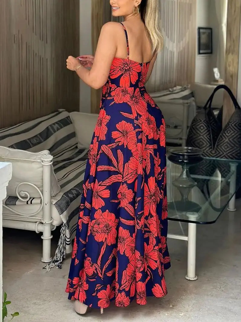 Printed Sleeveless Spaghetti Strap Floral Beach Dress floraldress-250126