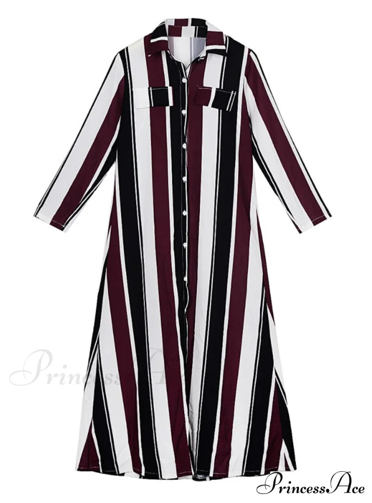 Women Autumn Spring Stripe Maxi Dress - Long Sleeve M / Purple Clothing