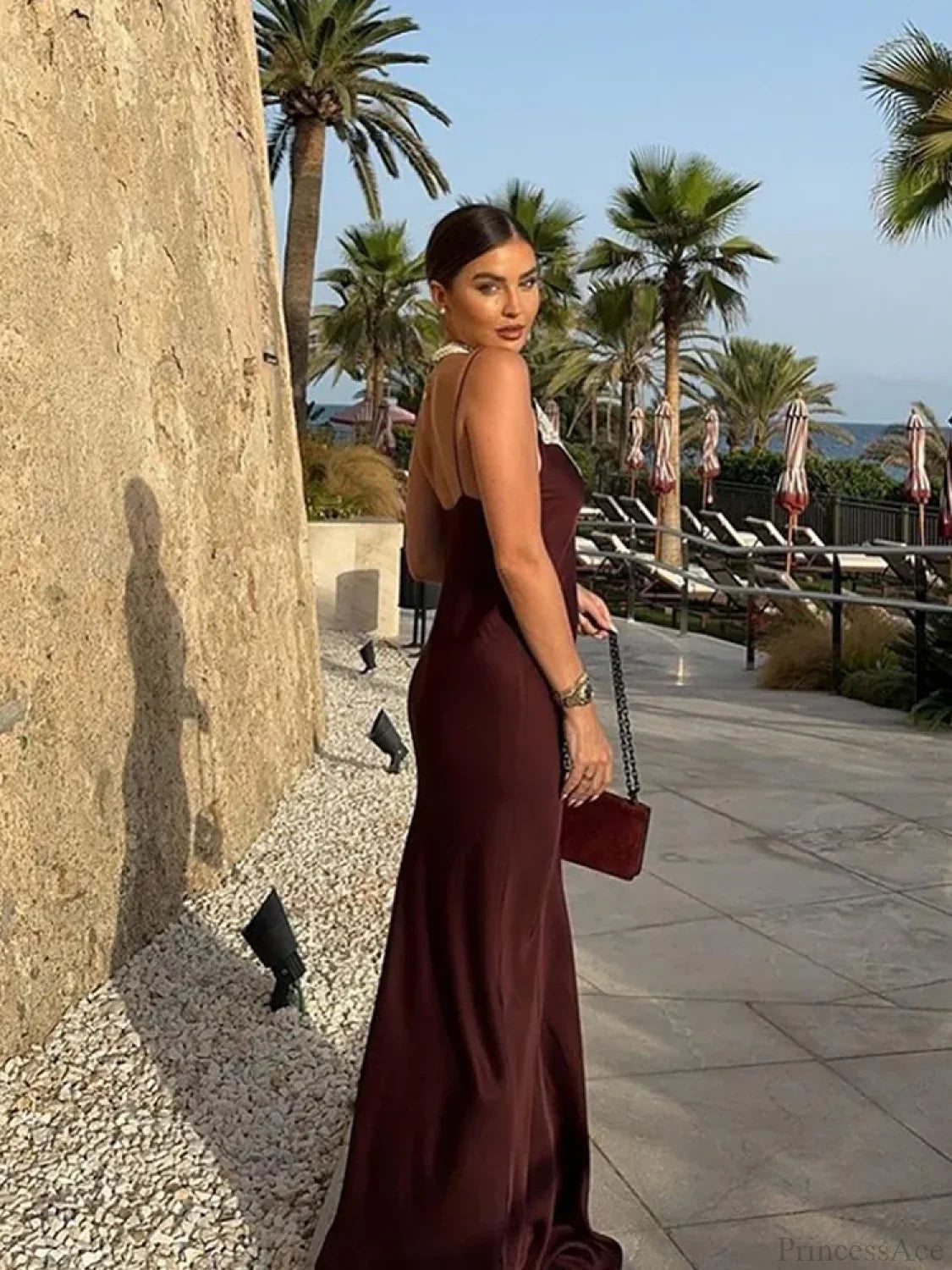 Women Chic Elegant Solid Spliced Lace Midi Sling Backless Christmas Party Dress Dresses-L