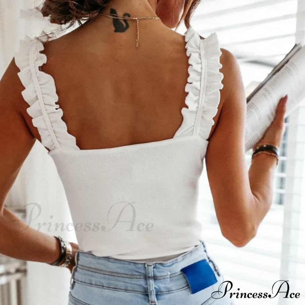 Women Collar Solid Knit Casual Basic Summer Ribbed Slim Ruffless Tank Top