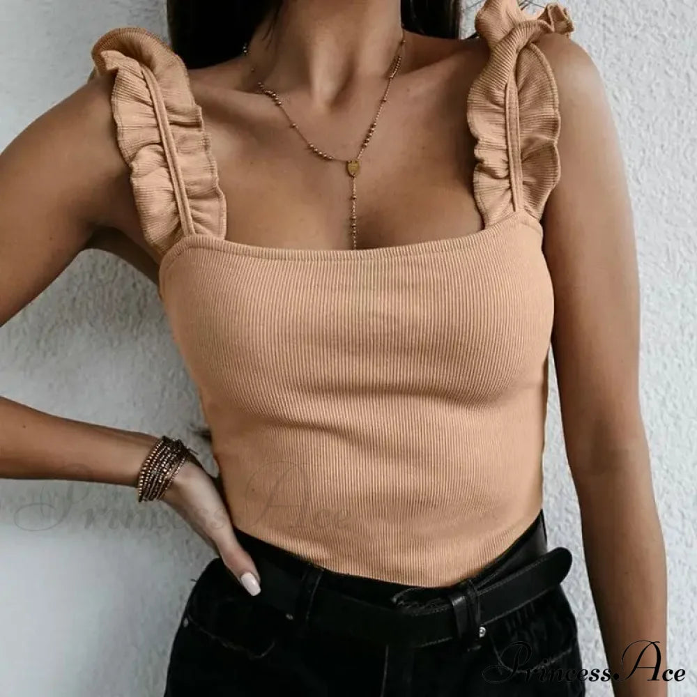 Women Collar Solid Knit Casual Basic Summer Ribbed Slim Ruffless Tank Top Khaki / S
