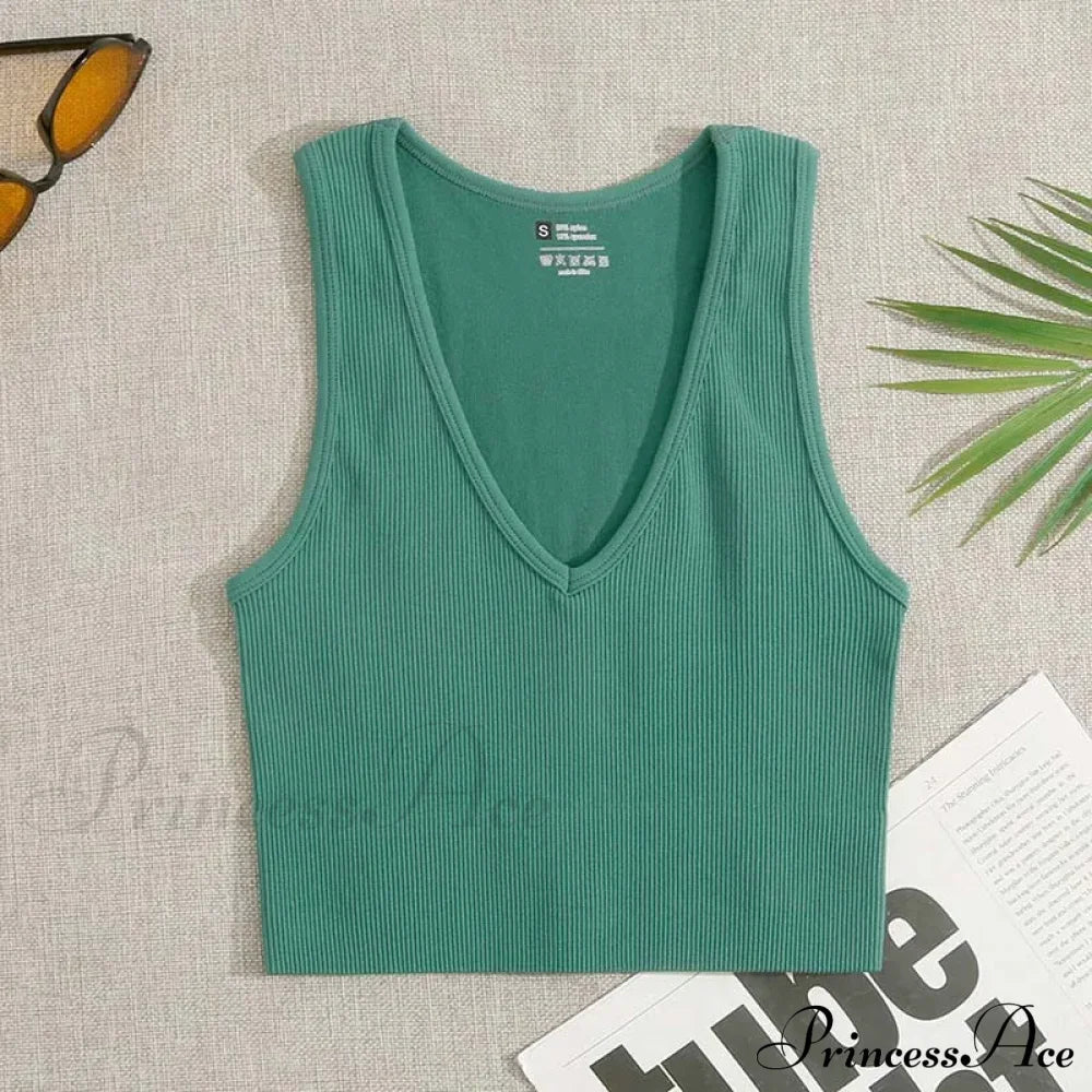 Women Crop V-Neck Seamless Streetwear Knitted Ribbed Fitness Running Elastic Workout Vest Tank Top