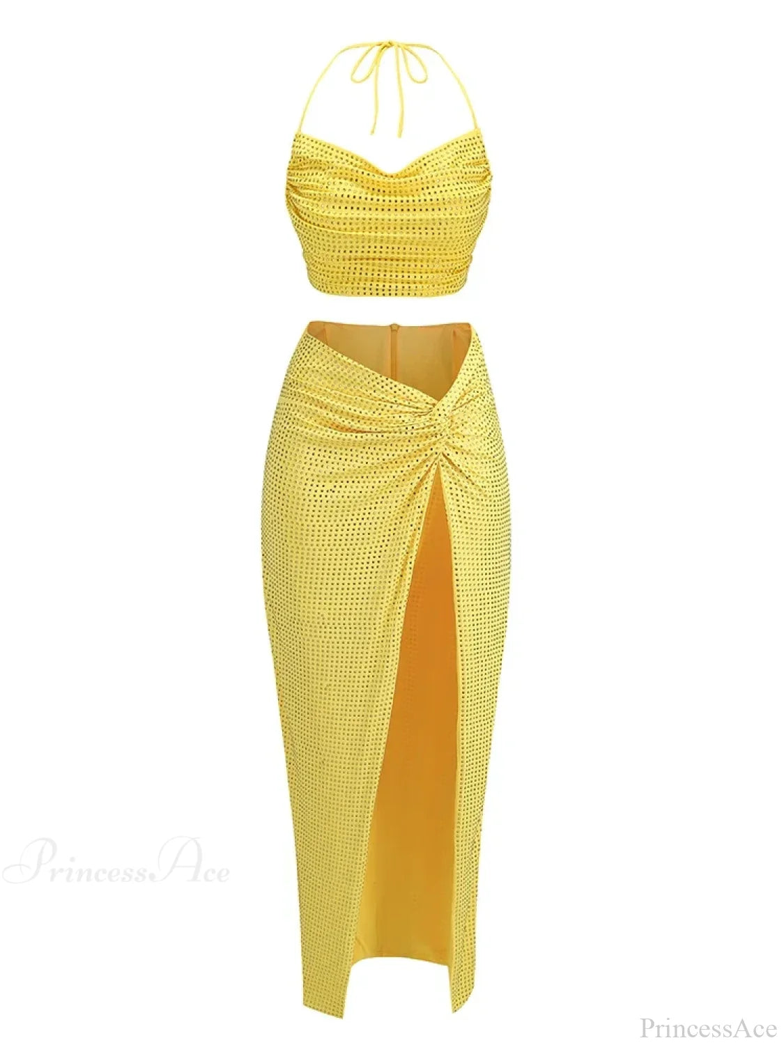 Women Diamonds 2 Piece Set Swinging Collar Crop Tops Long Skirts Christmas Party Dress Yellow / S