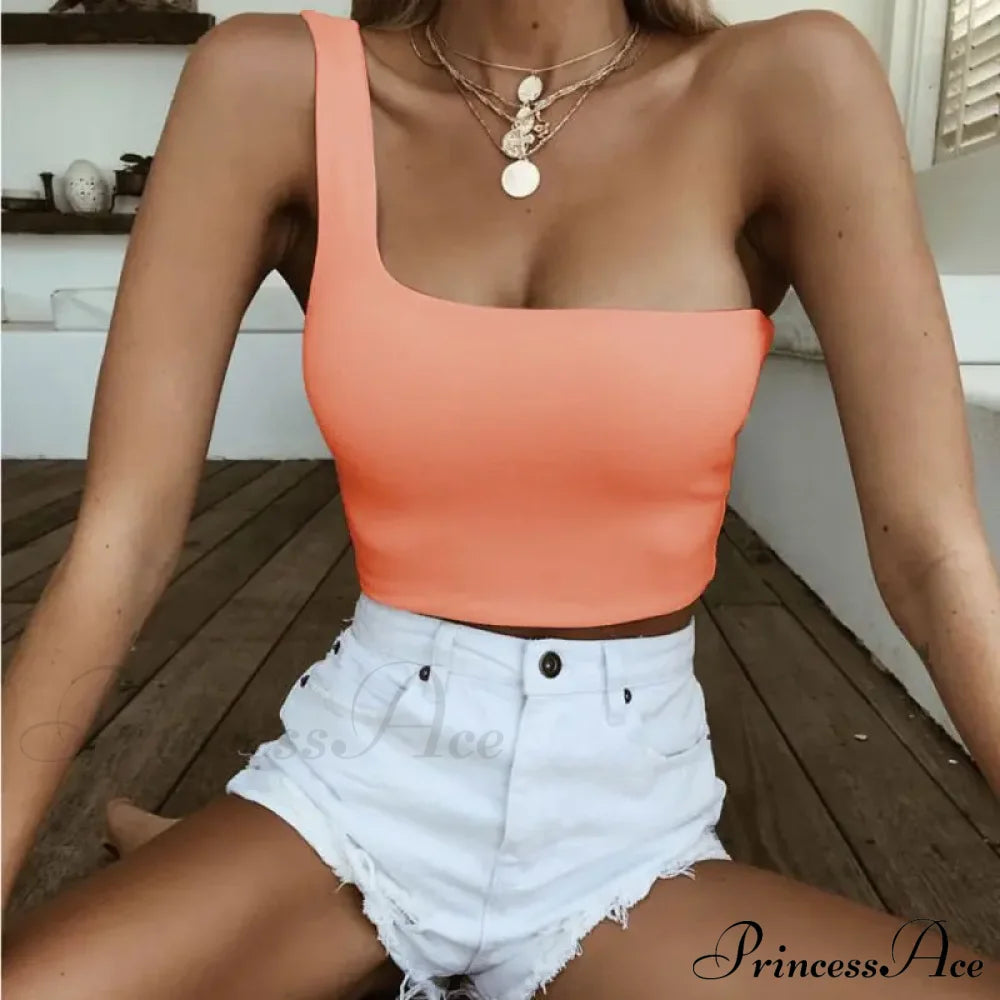 Women Female One Shoulder Crops Sleeveless Summer Beach Vest Bare Midriff Fashion Clothes Tank Top