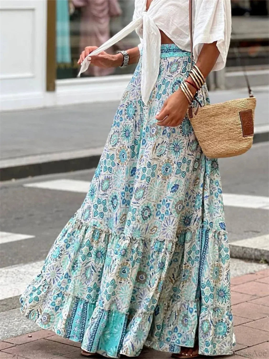 Women Flowy Boho Skirt Printed Ruffled Hem Summer Vacation Club Skirt skirt-250126