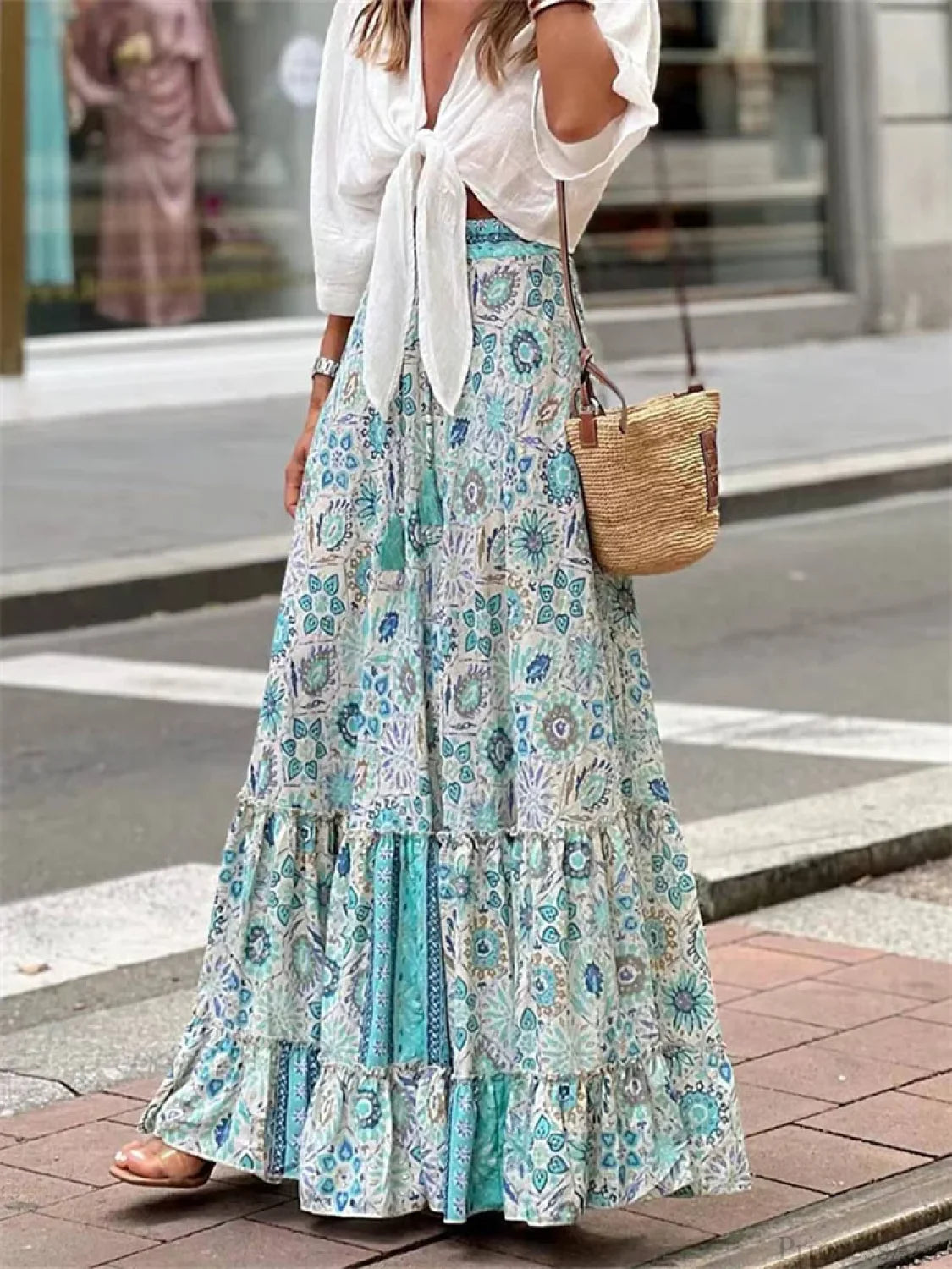Women Flowy Boho Skirt Printed Ruffled Hem Summer Vacation Club Skirt SKY BLUE1 / S skirt-250126