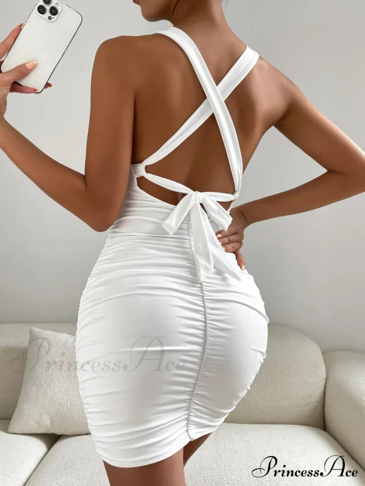 Women Hollow Out Square Collar Sleeveless Mini White Lace Up Backless Ruched Sheath Cut Dress