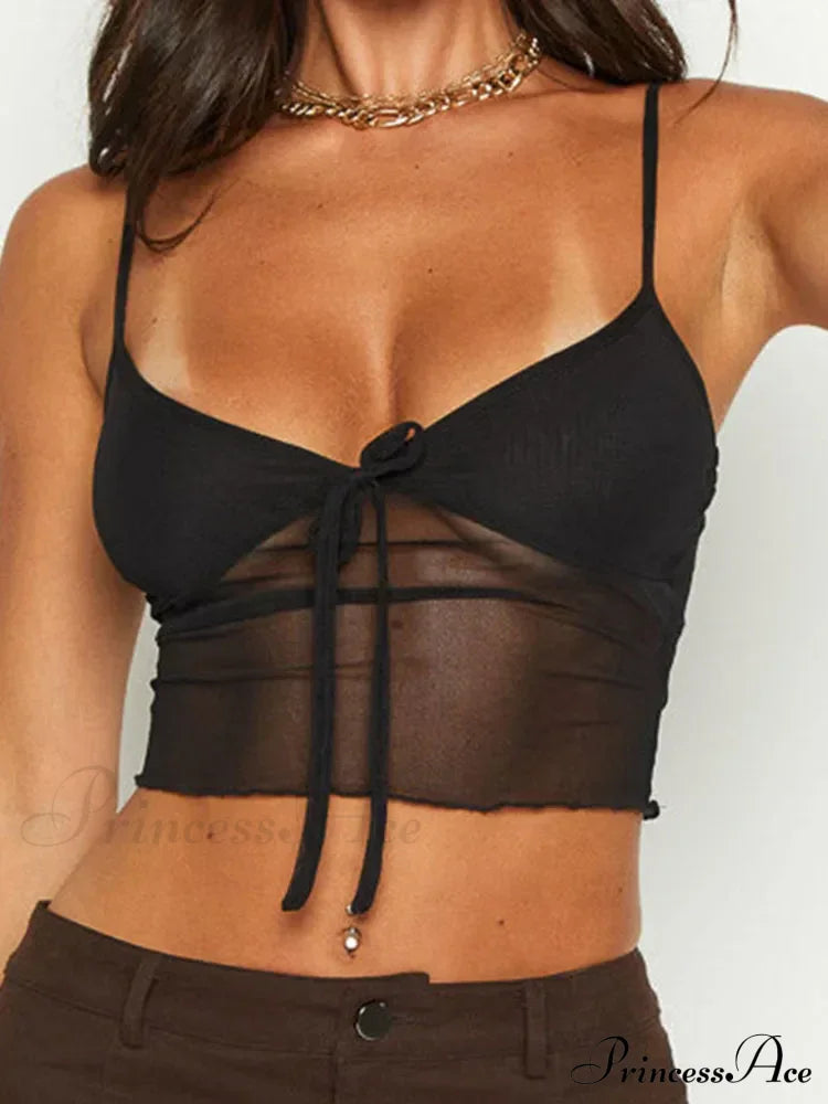 Women See Through Mesh Crop Cami Y2K Ruffle Frill Backless Sleeveless Spaghetti Strap Camisoles