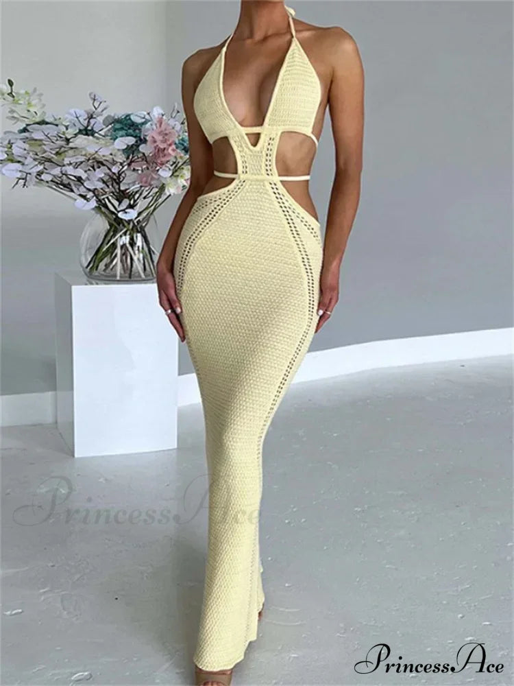 Women Sexy Knitted Cut Out Spaghetti Strap Halter Backless Club Party Y2K Female Vestidos Streetwear