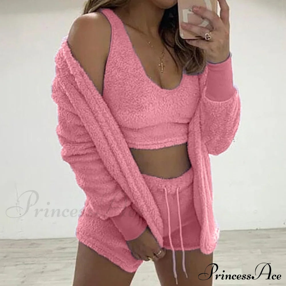 Women Sports Sets Coat + Shorts + Crop Casual Sexy Plush Hooded Top Tracksuit Velvet Outfits