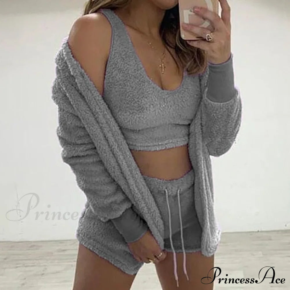 Women Sports Sets Coat + Shorts + Crop Casual Sexy Plush Hooded Top Tracksuit Velvet Outfits