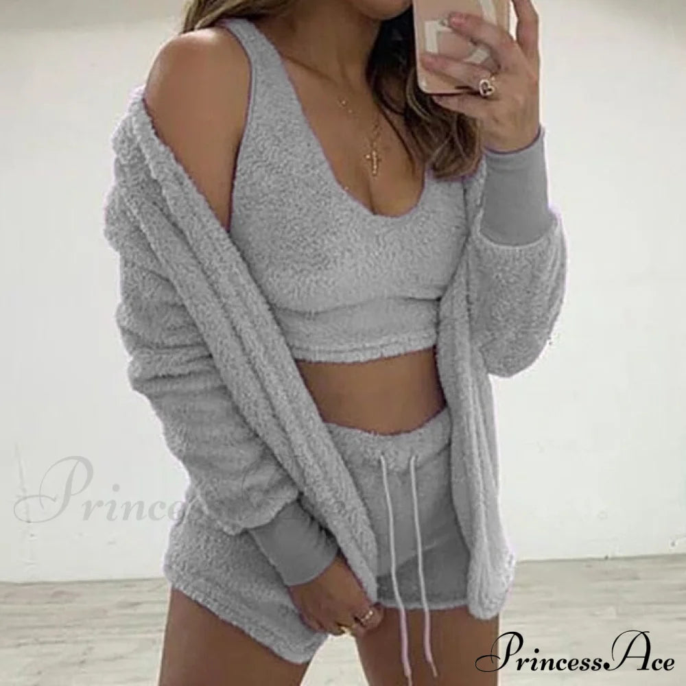 Women Sports Sets Coat + Shorts + Crop Casual Sexy Plush Hooded Top Tracksuit Velvet Outfits